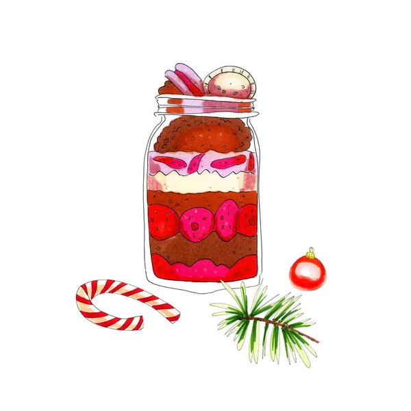 Colorful Watercolor Christmas Dessert Glass Jar Illustration Isolated White — Stockfoto