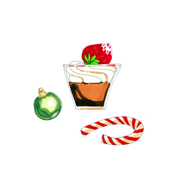 Kleurrijke Aquarel Kerst Dessert Glas Illustratie Geïsoleerd Wit — Stockfoto