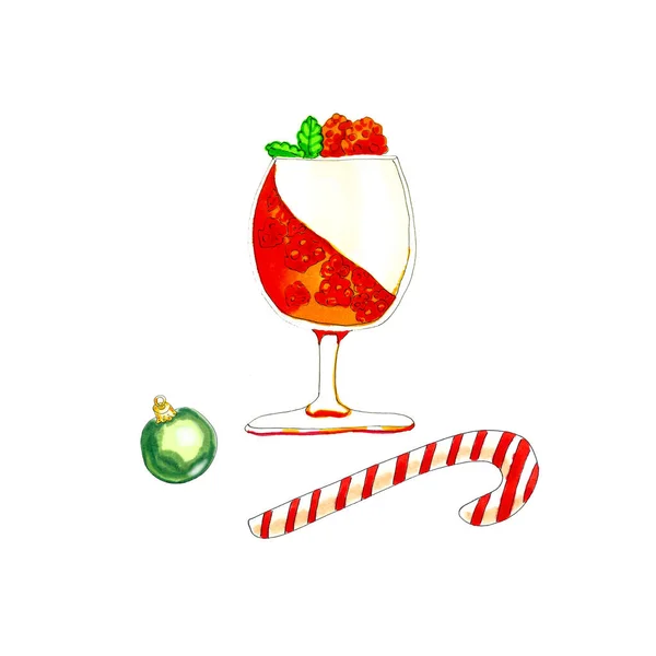 Bunte Aquarell Weihnachtsdessert Weinglas Illustration Isoliert Auf Weiß — Stockfoto