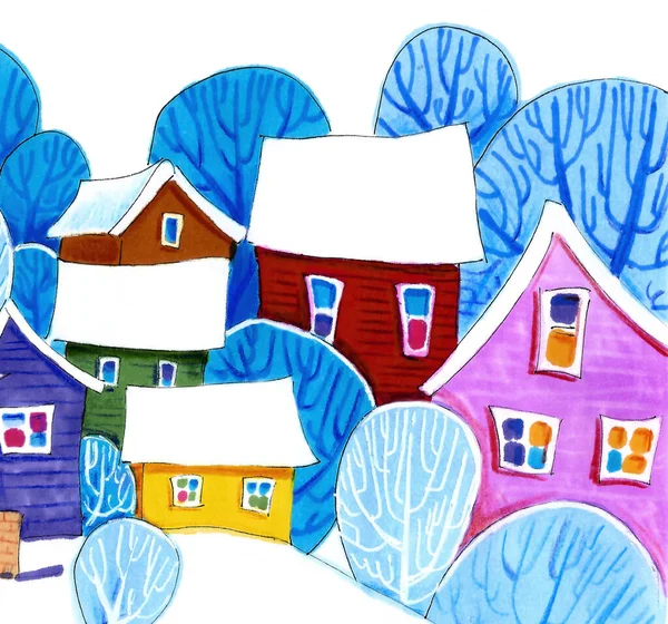 Winter Houses Drawings Watercolor Style Isolated White — Foto Stock