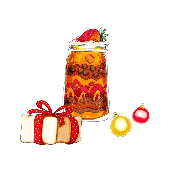 Colorful Watercolor Christmas Dessert Glass Jar Illustration Isolated White — Stockfoto