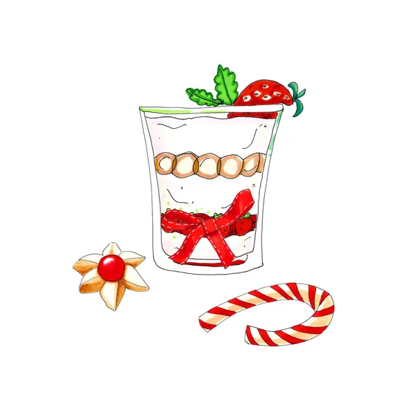 Bunte Aquarell Weihnachtsdessert Glas Illustration Isoliert Auf Weiß — Stockfoto