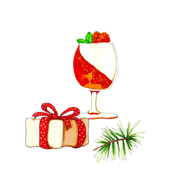 Sobremesa Natal Aquarela Colorida Ilustração Vidro Vinho Isolado Branco — Fotografia de Stock