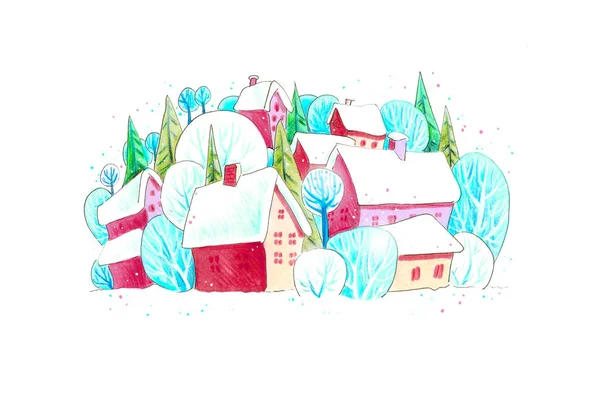 Winter Houses Drawings Watercolor Style Isolated White — Stock Photo, Image