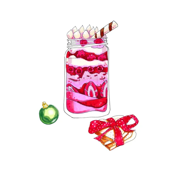 Bunte Aquarell Weihnachtsdessert Glas Illustration Isoliert Auf Weiß — Stockfoto