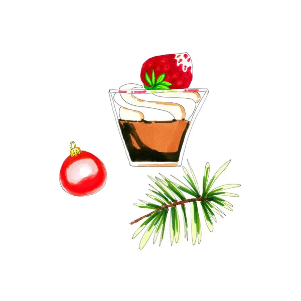 Kolorowy Akwarela Świąteczny Deser Szklanej Ilustracji Izolowane Białym — Zdjęcie stockowe