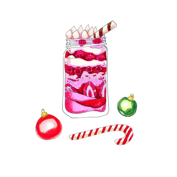 Bunte Aquarell Weihnachtsdessert Glas Illustration Isoliert Auf Weiß — Stockfoto