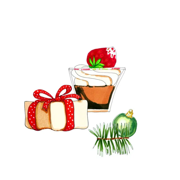 Kleurrijke Aquarel Kerst Dessert Glas Illustratie Geïsoleerd Wit — Stockfoto