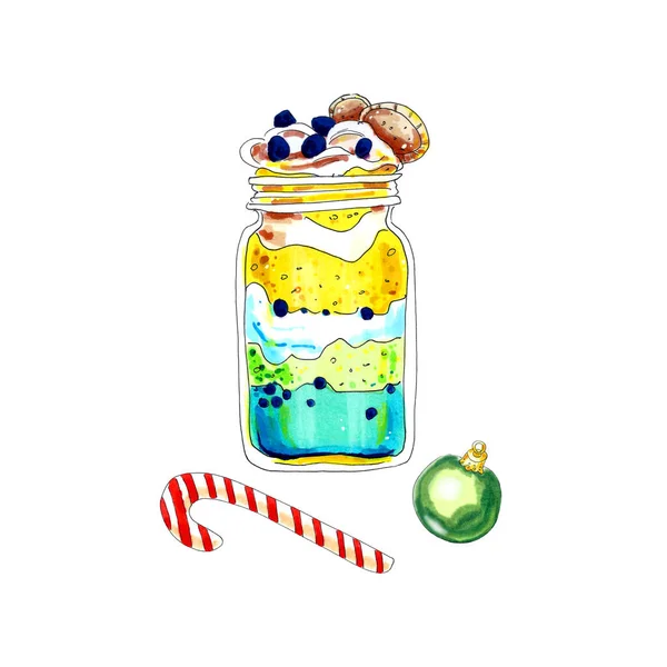 Colorful Watercolor Christmas Dessert Glass Jar Illustration Isolated White — Fotografia de Stock