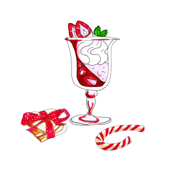 Colorful Watercolor Christmas Dessert Glass Illustration Isolated White — Stockfoto