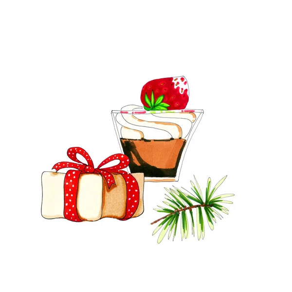 Sobremesa Natal Aquarela Colorida Ilustração Vidro Isolado Branco — Fotografia de Stock