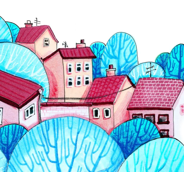 Winter Houses Drawings Watercolor Style Isolated White — Foto Stock