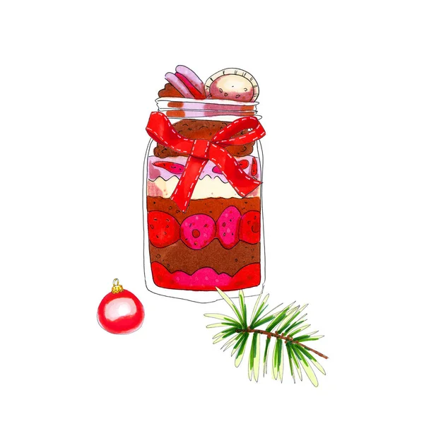 Bunte Aquarell Weihnachtsdessert Glas Illustration Isoliert Auf Weiß — Stockfoto