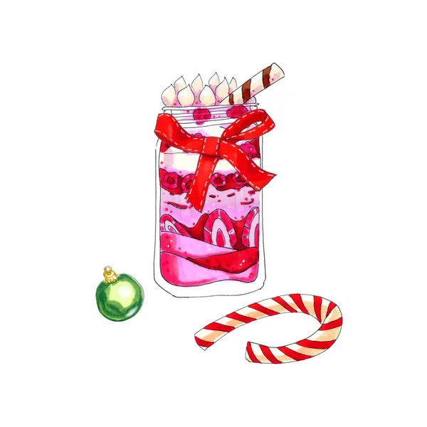 Kleurrijke Aquarel Kerstdessert Glazen Pot Illustratie Geïsoleerd Wit — Stockfoto