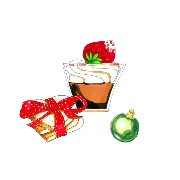 Aquarelle Colorée Dessert Noël Verre Illustration Isolé Sur Blanc Images De Stock Libres De Droits