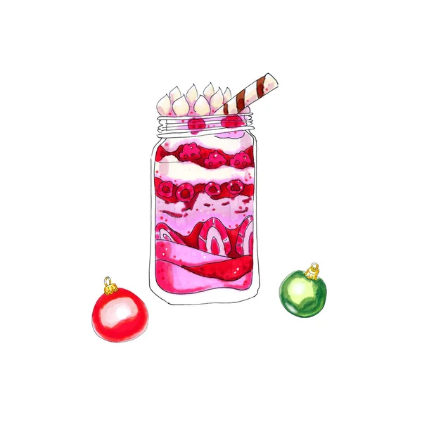 ガラス瓶のイラストでカラフルな水彩クリスマスデザートは白に隔離された ロイヤリティフリーのストック画像