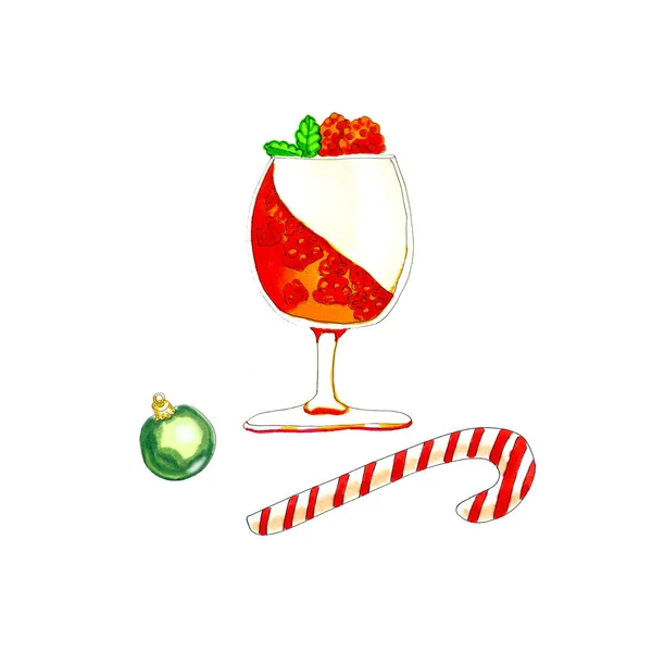 Aquarelle Colorée Dessert Noël Verre Vin Illustration Isolée Sur Blanc Photo De Stock