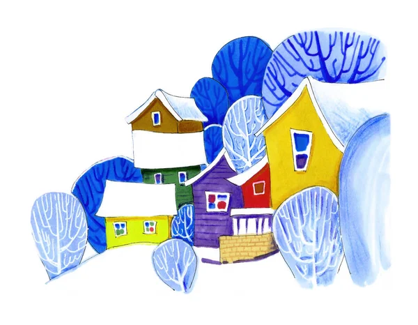 白を基調とした水彩画風の冬の家 ストックフォト