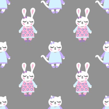 Şirin kediler ve tavşanlar kusursuz vektör çizimi 