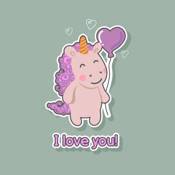 Love You Greeting Card Cute Unicorn — Stock Vector