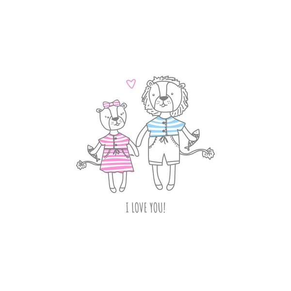 Love You Cute Valentine Day Greeting Card Lions Love — Stockvektor