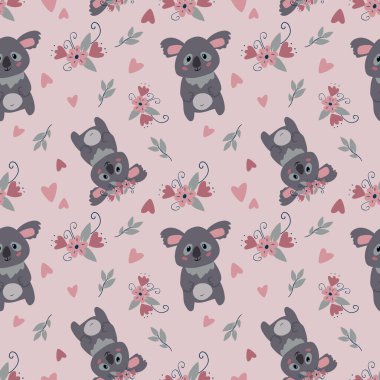 Şirin koalalar ve çiçeklerle kusursuz vektör deseni