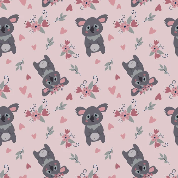 Seamless Vector Pattern Cute Koalas Flowers — 图库矢量图片