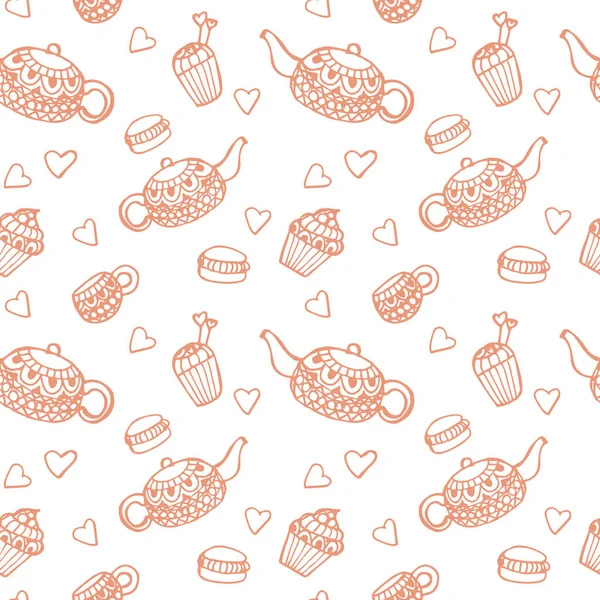 Motif Sans Couture Avec Théières Tasses Desserts — Image vectorielle