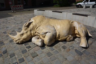 Nuremberg, Bavyera, Almanya - 08.24.2021: Uyuyan bir gergedan heykeli