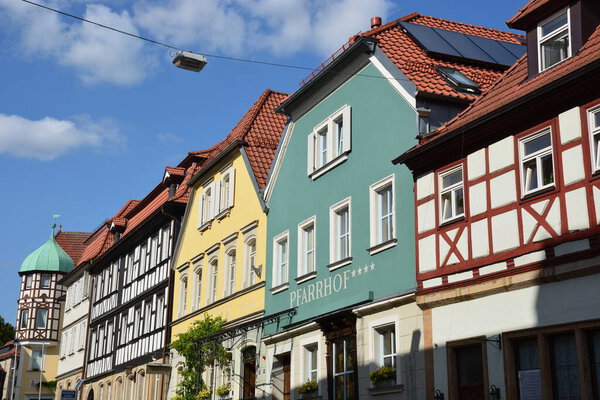 Kronach, Germany 07.18.2021: Attractive historical buildings in the town of Kronach, Bavaria, region Upper Franconia, Germany