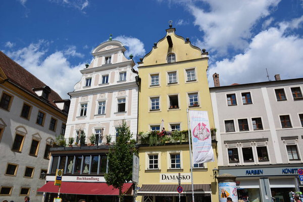 Regensburg, Bavaria, Germany 2021.07.31: Attractive historical buildings in the city of Regensburg, Bavaria, Germany