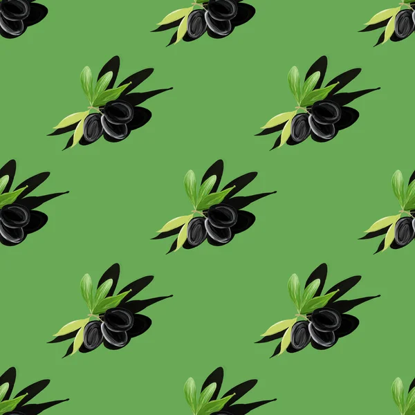 Padrão de guache simétrico de ramo de oliveira com sombra no verde. Deitado. Conceito mínimo. Textura mínima dos alimentos isométricos. Ilustração botânica pintada à mão. — Fotografia de Stock