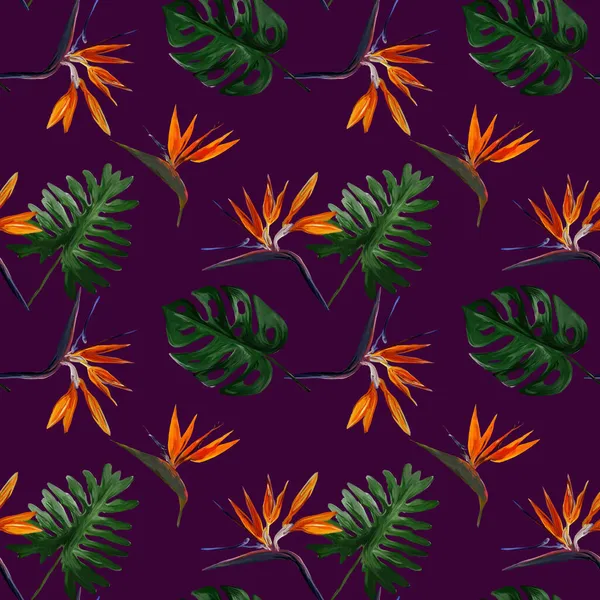 Padrão tropical sem costura com strelitzia com folhas no fundo. Padrão sem costura com folhas coloridas de colocasia, filodendron, monstera. Papel de parede exótico. Estilo havaiano. — Fotografia de Stock