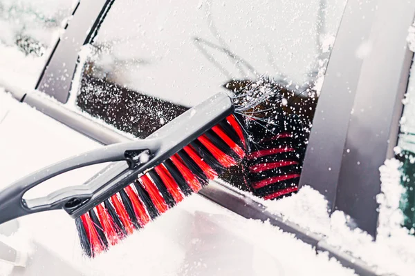 Removing Snow Car Clean Car Window Winter Snow Winter Brush — Stock Photo, Image