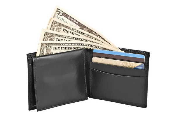 Money and credit cards in black leather purse. — Stock Photo, Image