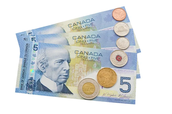 Pièces de monnaie et billets colorés du Canada . — Photo