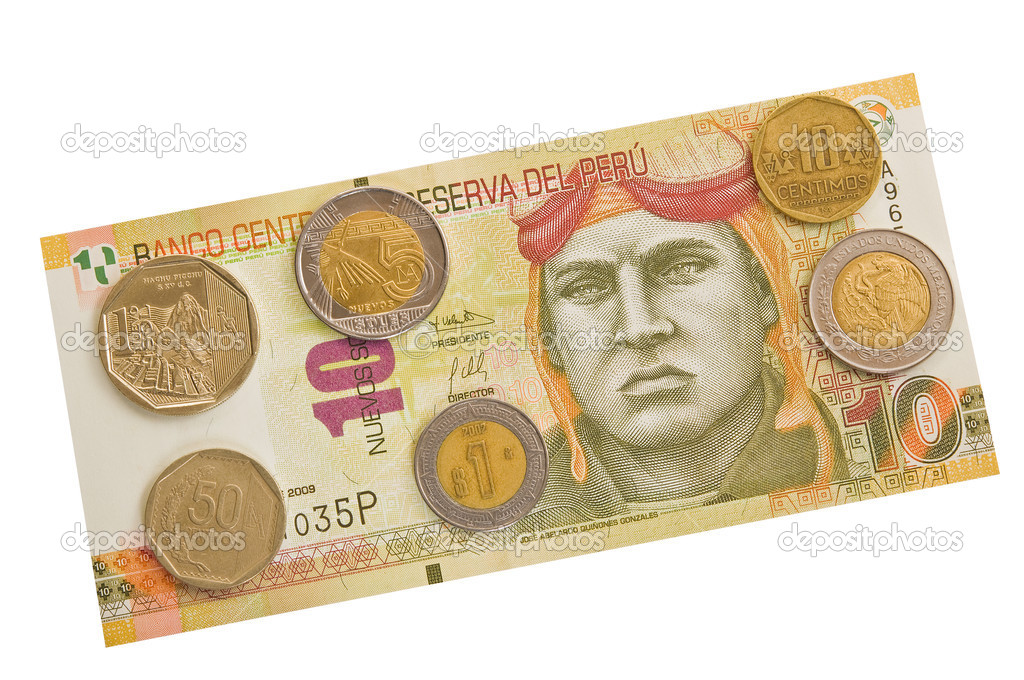 Peruvian banknote and coins.