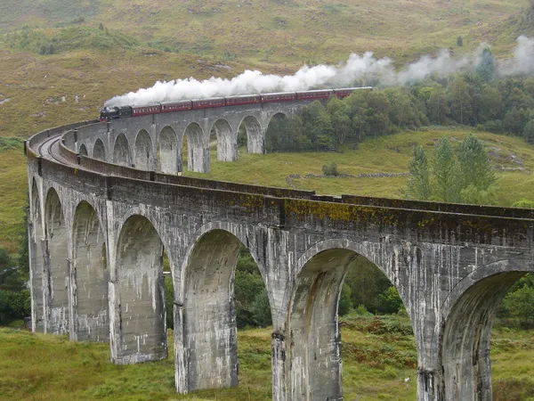 Steam train on Glenfinnan viaduct.