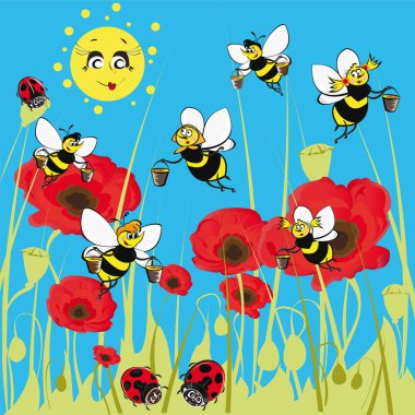 Arılar, ladybirds çayır üzerinde.