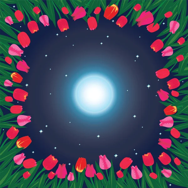 Luna en el cielo y campo de tulipanes . — Archivo Imágenes Vectoriales