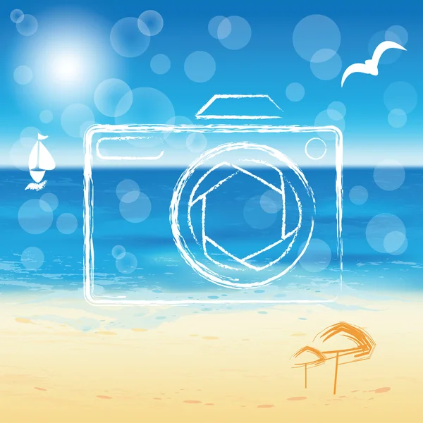 Appareil photo silhouette sur fond de plage ensoleillée . — Image vectorielle