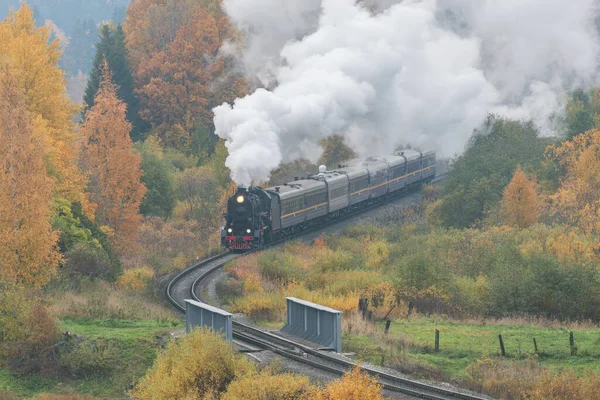 Comboio retro vapor aproxima-se da estação. — Fotografia de Stock