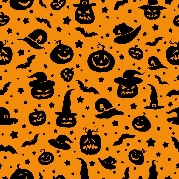 Símbolos Halloween Fundo Laranja Padrão Sem Costura Ilustração Vetorial — Vetor de Stock