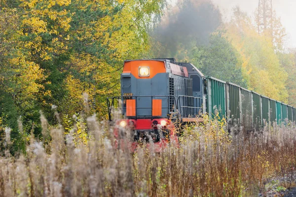 Long Freight Train Moves Sunset Time — Stock Photo, Image