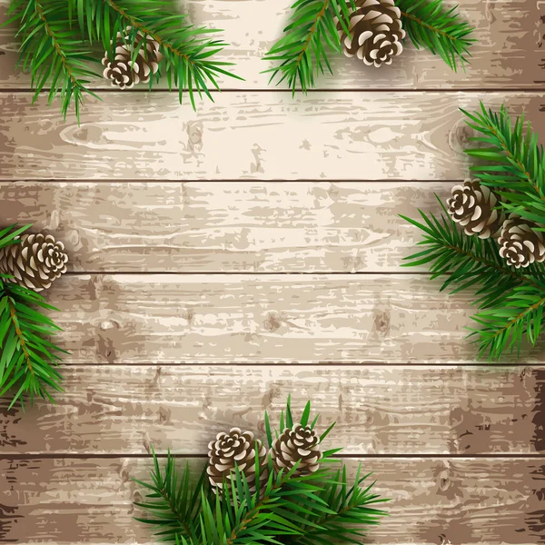 木製の板の背景にコーンとモミの木の枝 クリスマスベクトルイラスト — ストックベクタ
