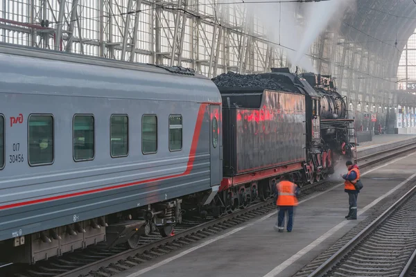 Moscou Rússia Outubro 2021 Trem Vapor Retro Parte Estação Hora — Fotografia de Stock