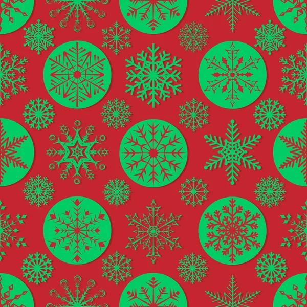 赤い背景にクリスマスの緑の雪片 シームレスな背景 ベクターイラスト — ストックベクタ