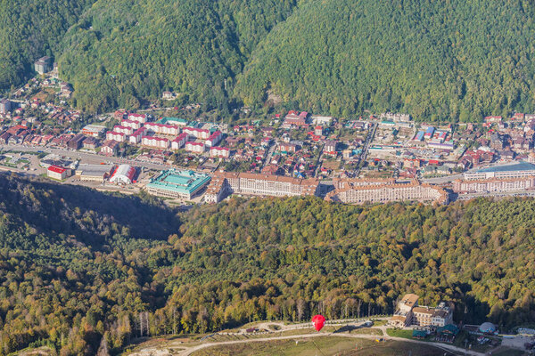 Krasnaya Polyana, Russia - October 12, 2019: Autumn aerial view of mountain ski resort in Adler district.