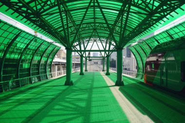 Moscow, Russia - August 17, 2021: Train stands by the platform of Business Center station.