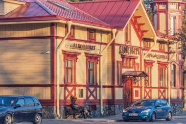 Sortavala, Russia - October 03, 2021: Exterior of Carl Gustav Berg house in the city center at autumn evening. Berg was the first city mayor in 1877-1894 yy.